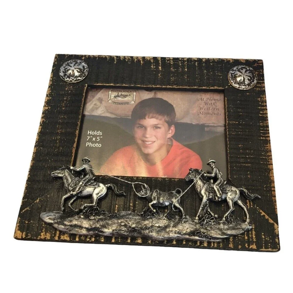 Western Moments‎ Photo Frame Wooden 7x5” Metal horses cowboys Outside 10x9 NIB